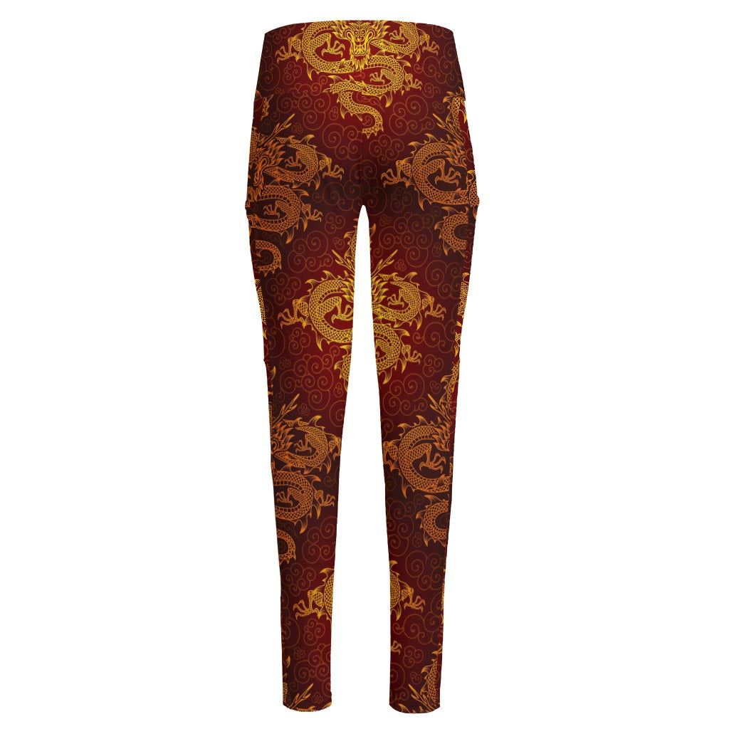 Gold Chinese Dragon Pattern Print High-Waisted Pocket Leggings