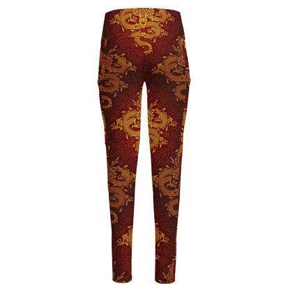 Gold Chinese Dragon Pattern Print High-Waisted Pocket Leggings