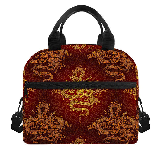 Gold Chinese Dragon Pattern Print Insulated Lunch Bag
