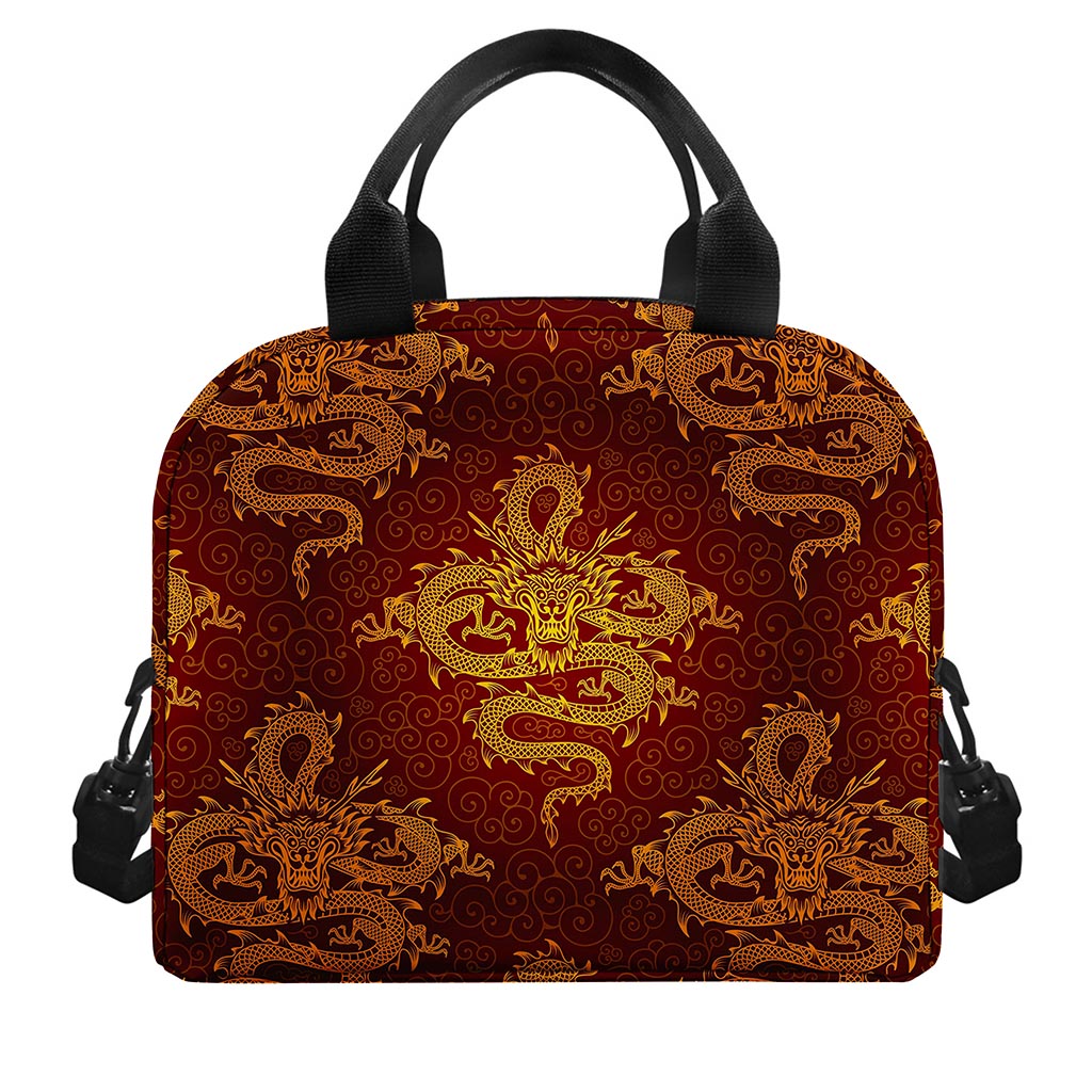 Gold Chinese Dragon Pattern Print Insulated Lunch Bag