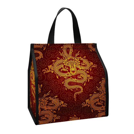 Gold Chinese Dragon Pattern Print Insulated Lunch Tote