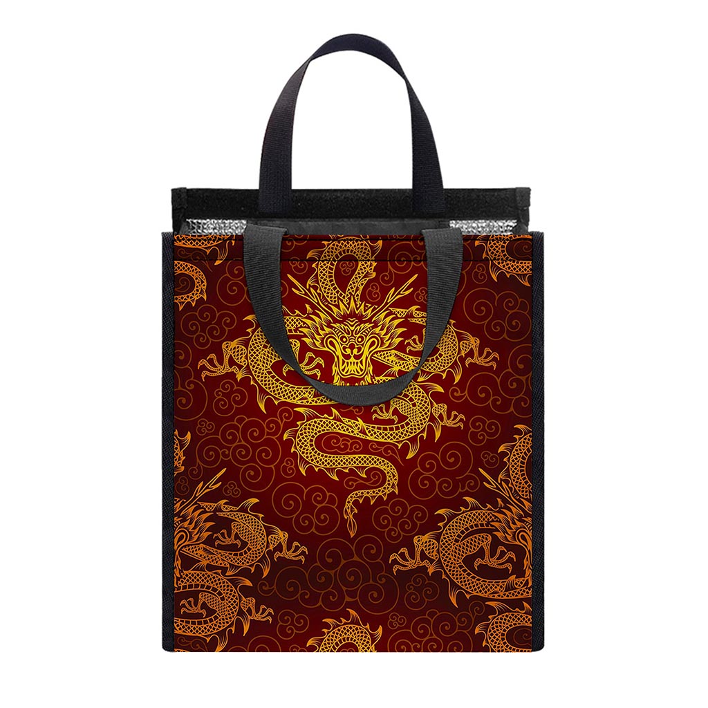 Gold Chinese Dragon Pattern Print Insulated Lunch Tote