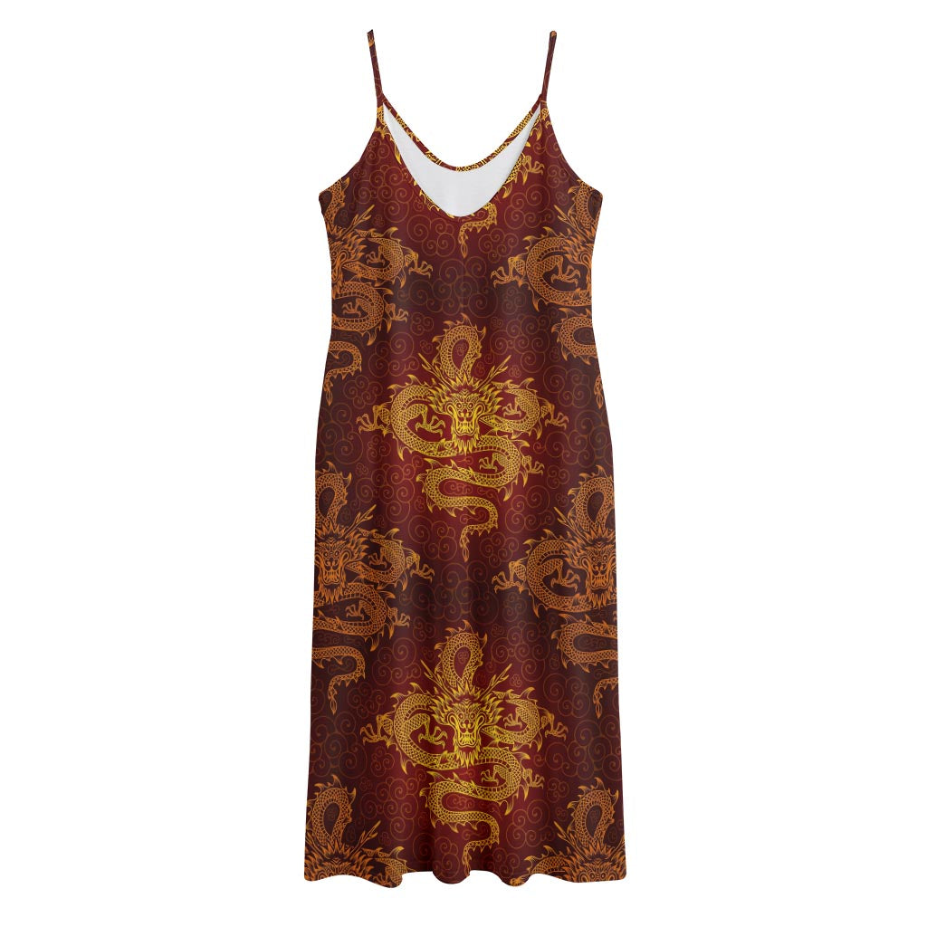 Gold Chinese Dragon Pattern Print Jersey Midi Cami Dress