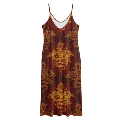 Gold Chinese Dragon Pattern Print Jersey Midi Cami Dress