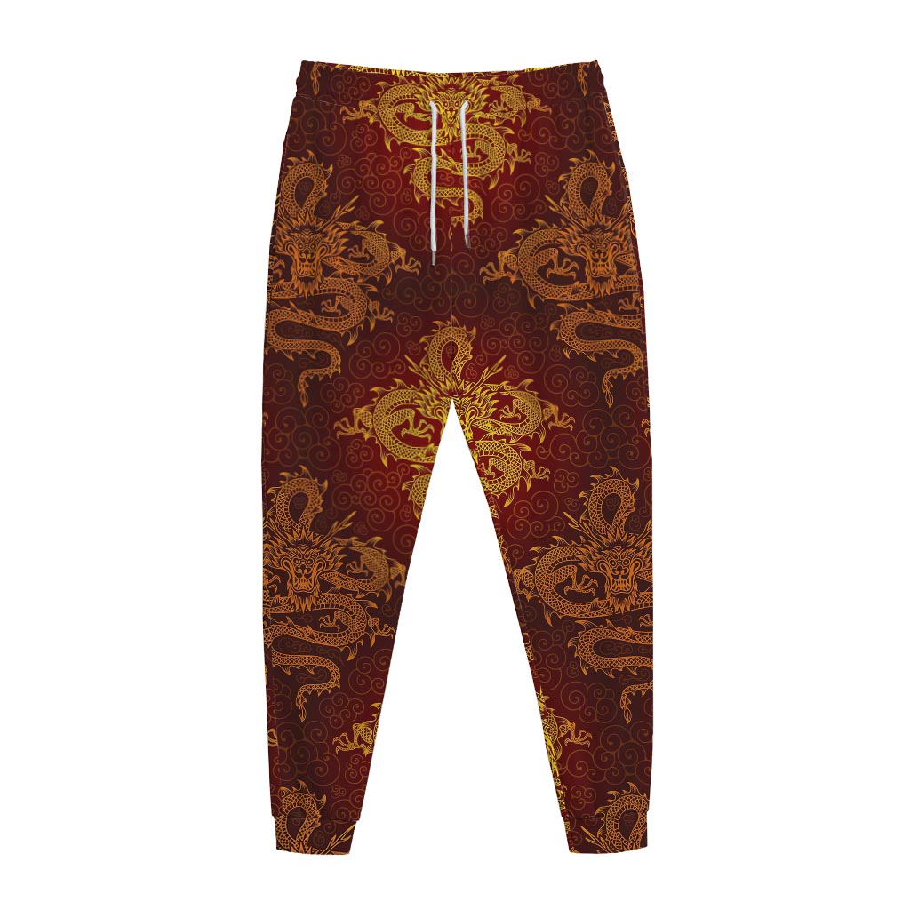 Gold Chinese Dragon Pattern Print Jogger Pants