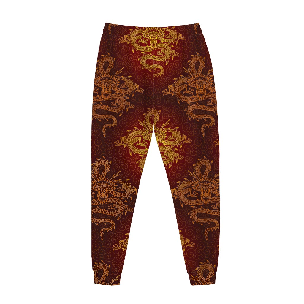 Gold Chinese Dragon Pattern Print Jogger Pants