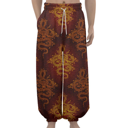 Gold Chinese Dragon Pattern Print Lantern Pants