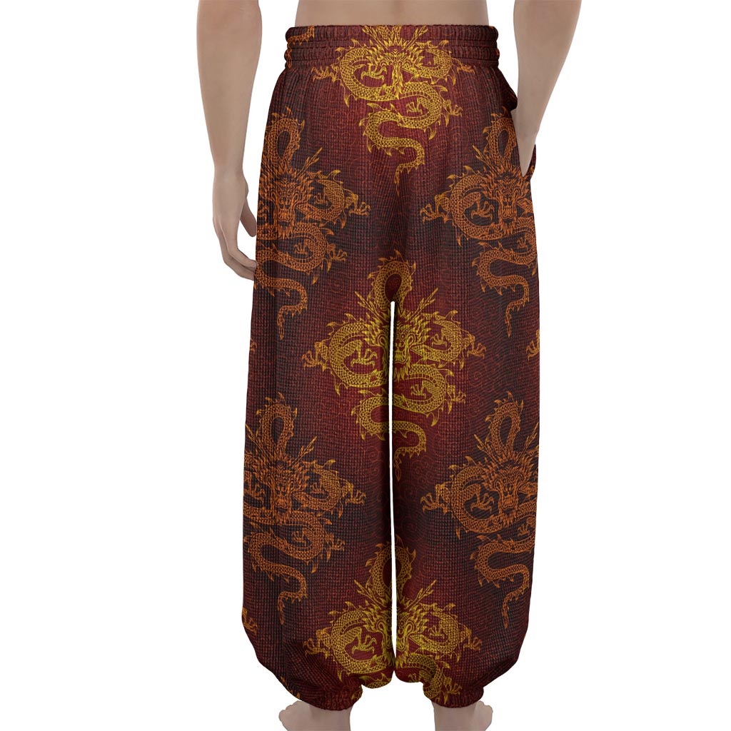 Gold Chinese Dragon Pattern Print Lantern Pants