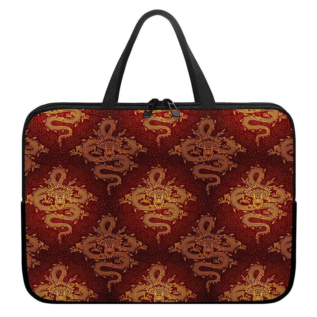 Gold Chinese Dragon Pattern Print Laptop Sleeve With Handle