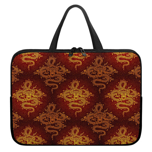 Gold Chinese Dragon Pattern Print Laptop Sleeve With Handle