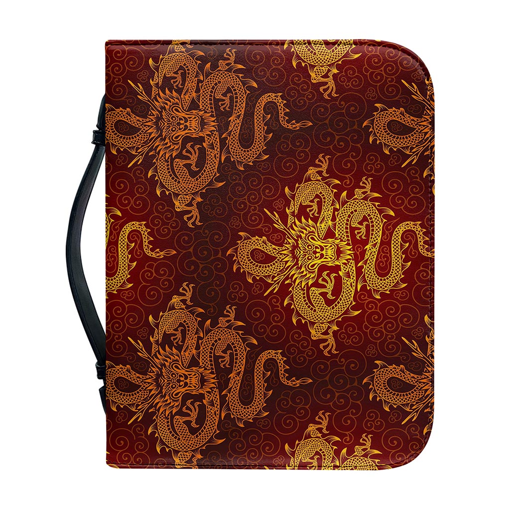 Gold Chinese Dragon Pattern Print Leather Bible Cover