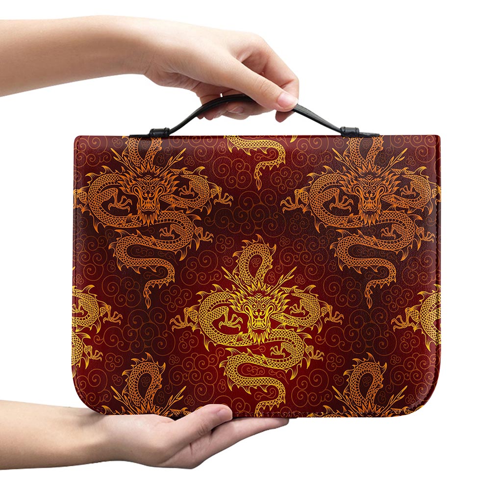 Gold Chinese Dragon Pattern Print Leather Bible Cover