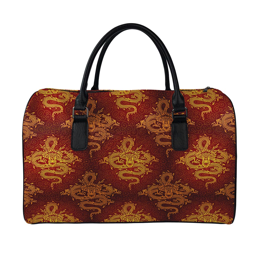 Gold Chinese Dragon Pattern Print Leather Duffle Bag