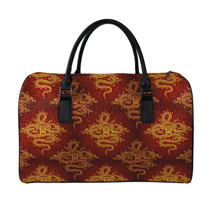 Gold Chinese Dragon Pattern Print Leather Duffle Bag