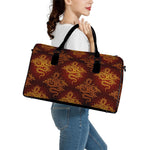 Gold Chinese Dragon Pattern Print Leather Duffle Bag