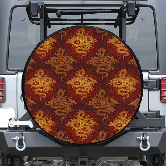 Gold Chinese Dragon Pattern Print Leather Spare Tire Cover