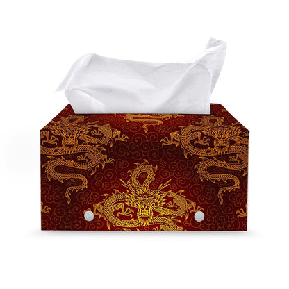 Gold Chinese Dragon Pattern Print Leather Tissue Box Cover