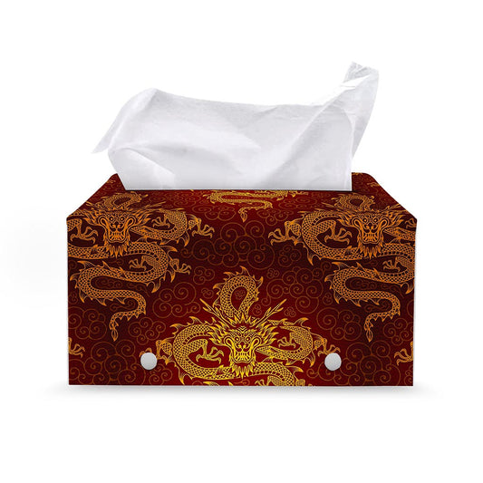 Gold Chinese Dragon Pattern Print Leather Tissue Box Cover
