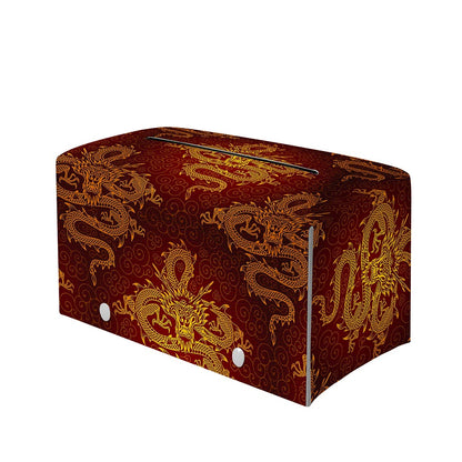 Gold Chinese Dragon Pattern Print Leather Tissue Box Cover