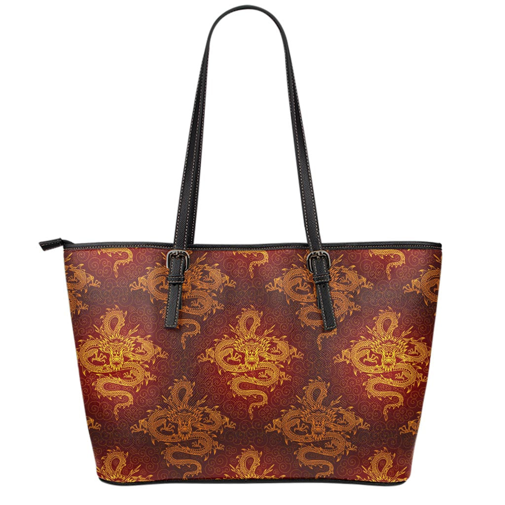 Gold Chinese Dragon Pattern Print Leather Tote Bag