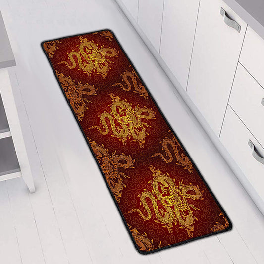 Gold Chinese Dragon Pattern Print Long Kitchen Mat