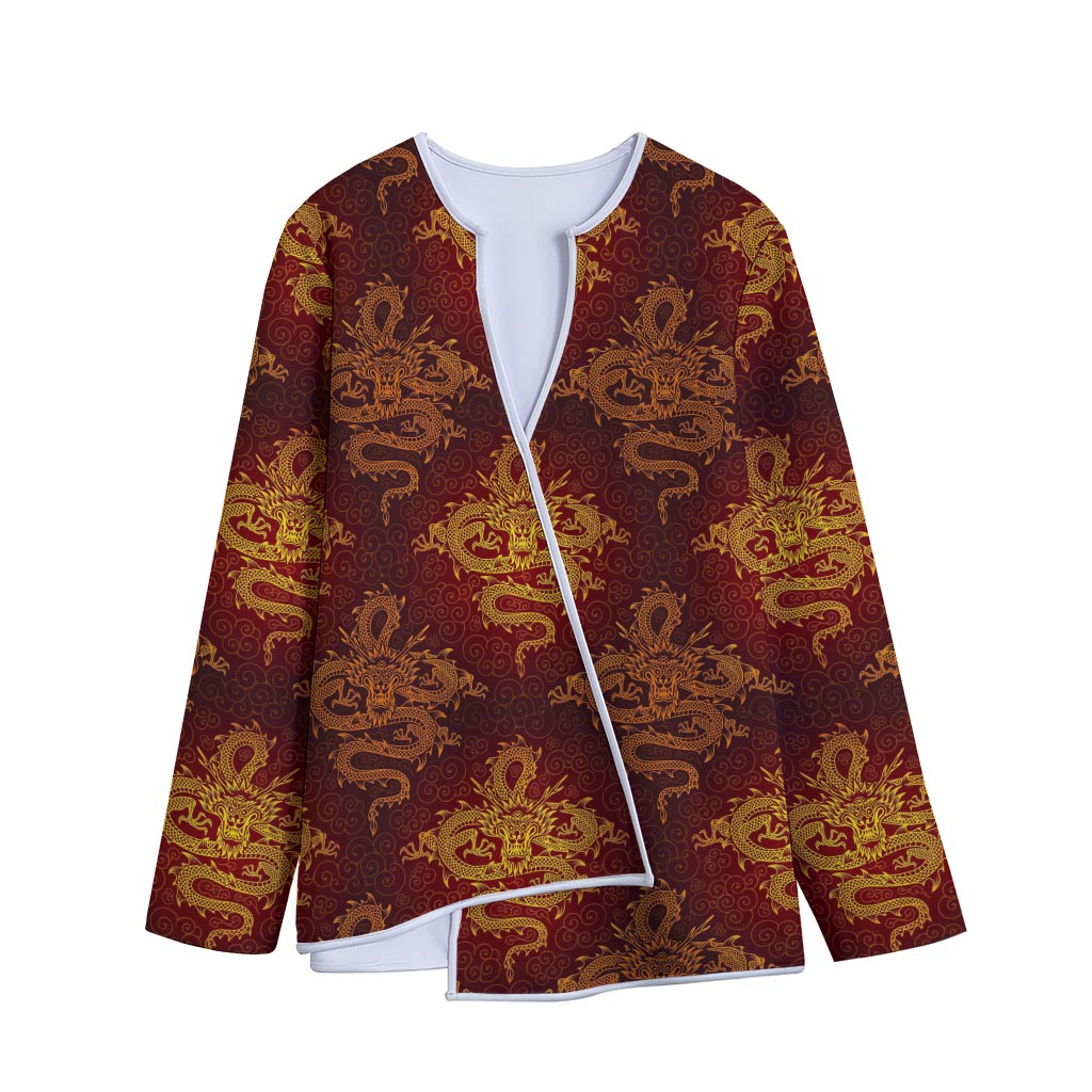 Gold Chinese Dragon Pattern Print Long Sleeve Short Coat
