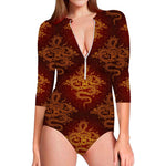 Gold Chinese Dragon Pattern Print Long Sleeve Swimsuit