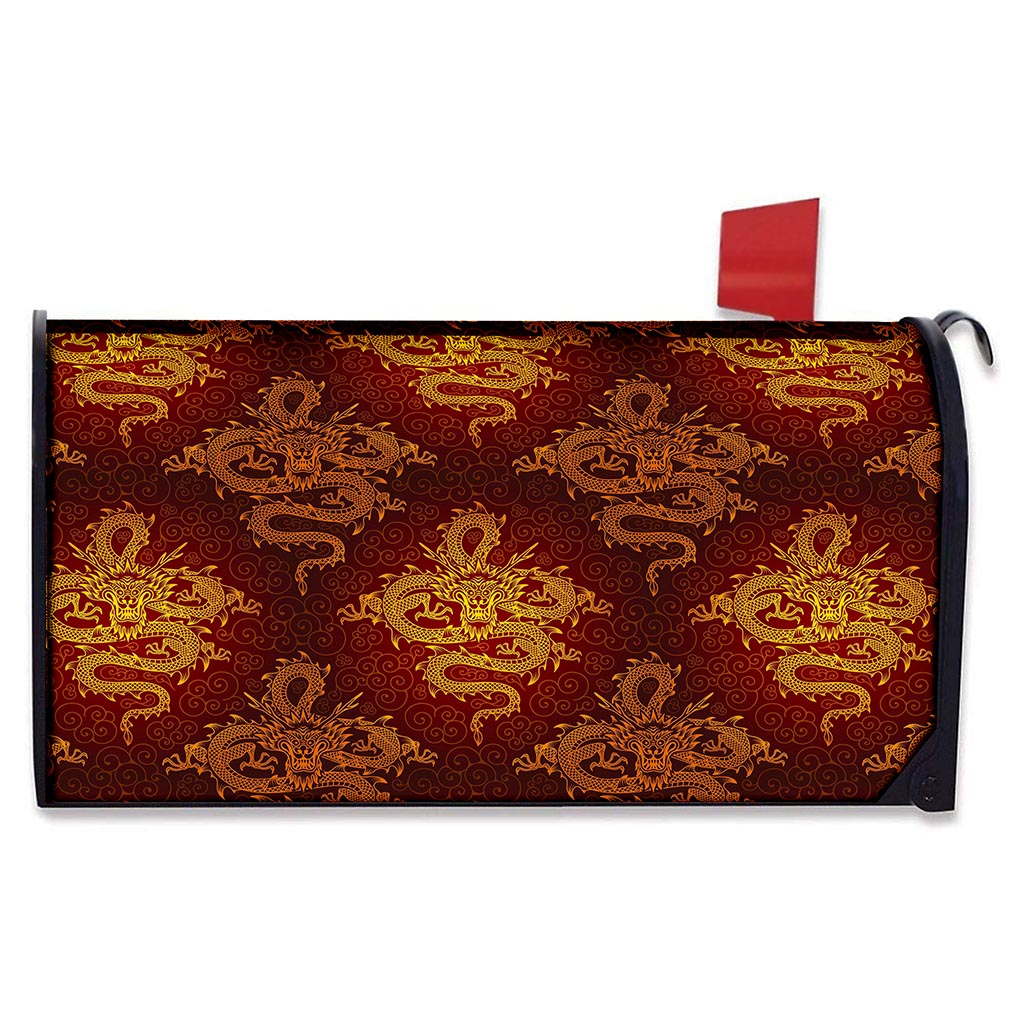 Gold Chinese Dragon Pattern Print Mailbox Cover
