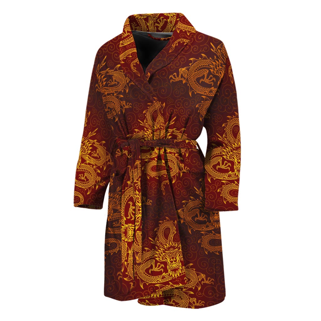 Gold Chinese Dragon Pattern Print Men's Bathrobe