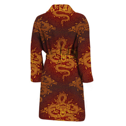 Gold Chinese Dragon Pattern Print Men's Bathrobe