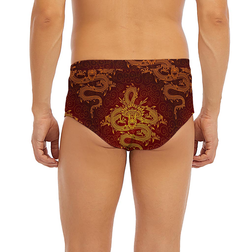 Gold Chinese Dragon Pattern Print Men's Briefs