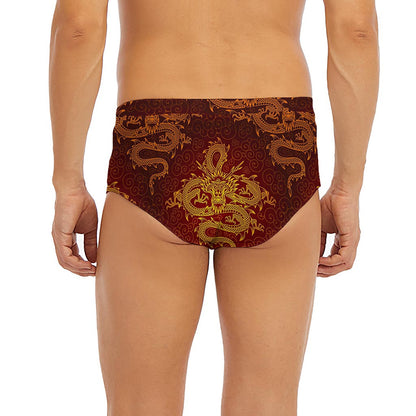 Gold Chinese Dragon Pattern Print Men's Briefs