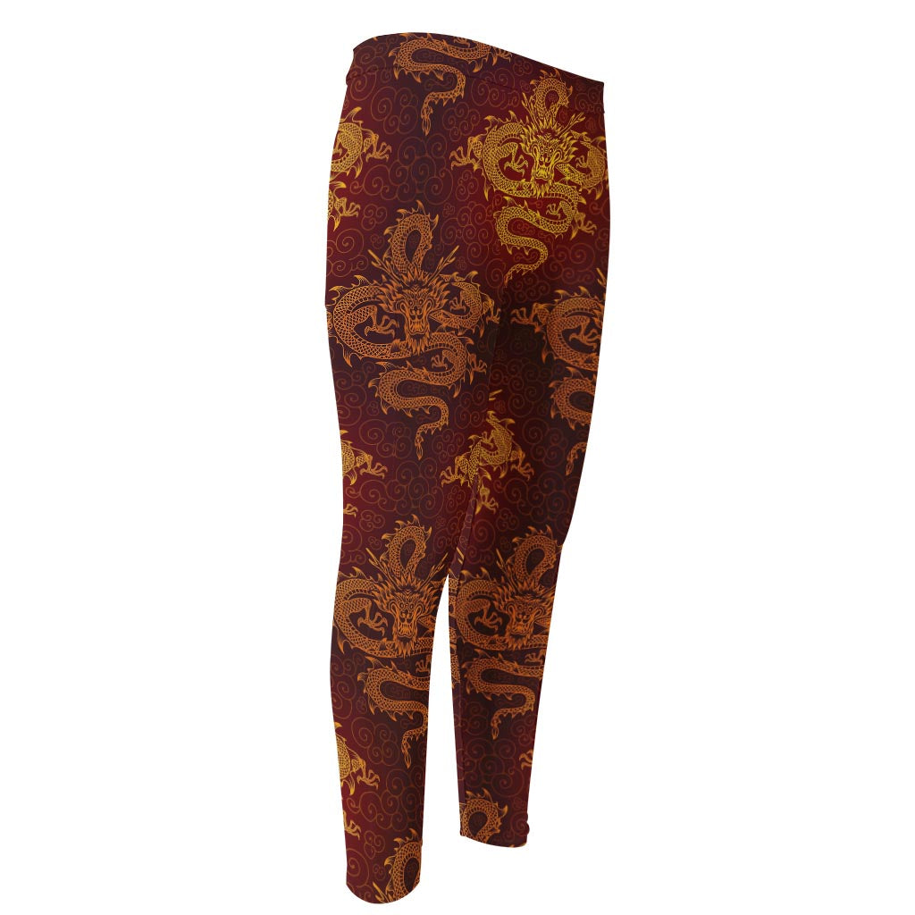 Gold Chinese Dragon Pattern Print Men's Compression Pants
