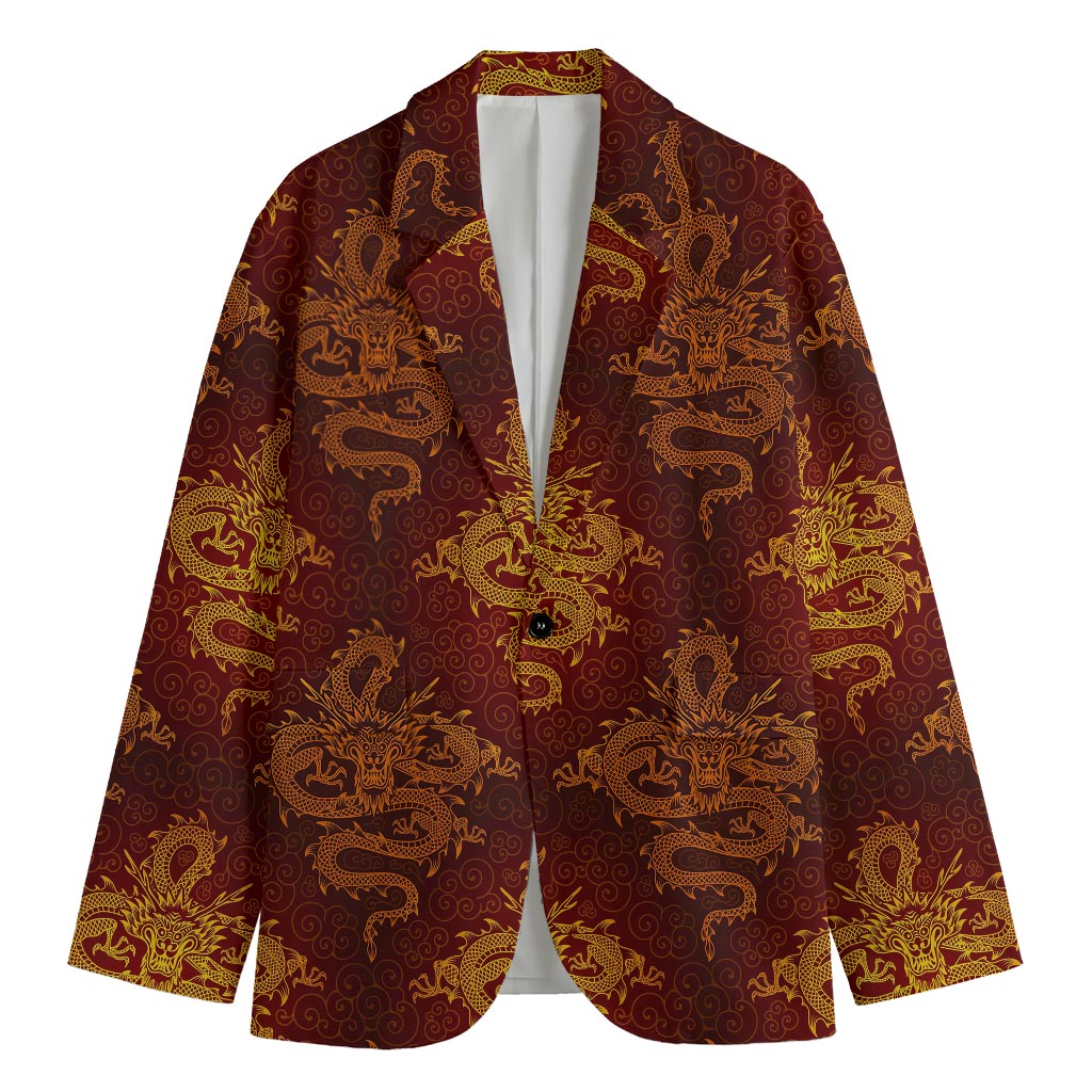 Gold Chinese Dragon Pattern Print Men's Cotton Blazer