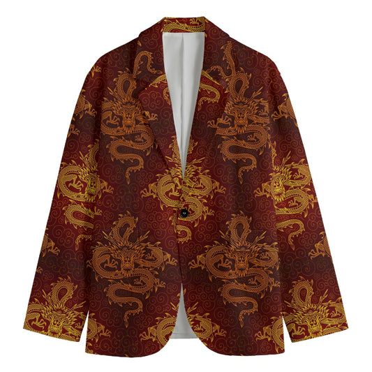 Gold Chinese Dragon Pattern Print Men's Cotton Blazer