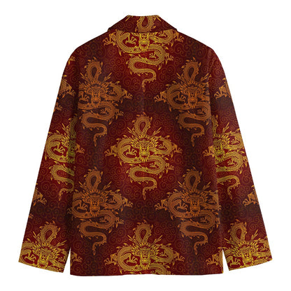 Gold Chinese Dragon Pattern Print Men's Cotton Blazer