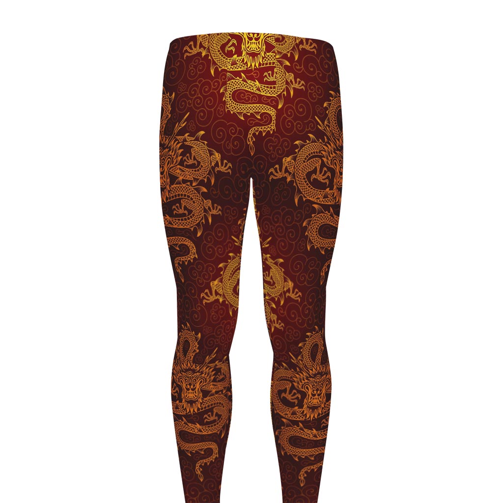 Gold Chinese Dragon Pattern Print Men's leggings