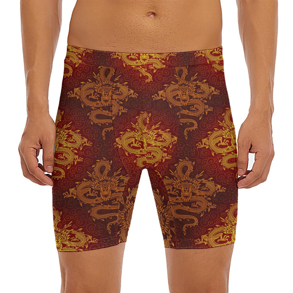 Gold Chinese Dragon Pattern Print Men's Long Boxer Briefs