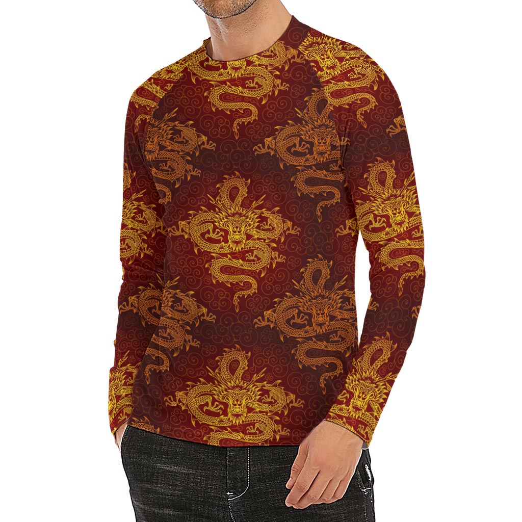 Gold Chinese Dragon Pattern Print Men's Long Sleeve Rash Guard
