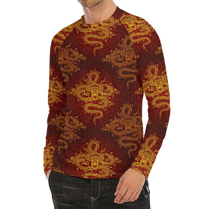Gold Chinese Dragon Pattern Print Men's Long Sleeve Rash Guard