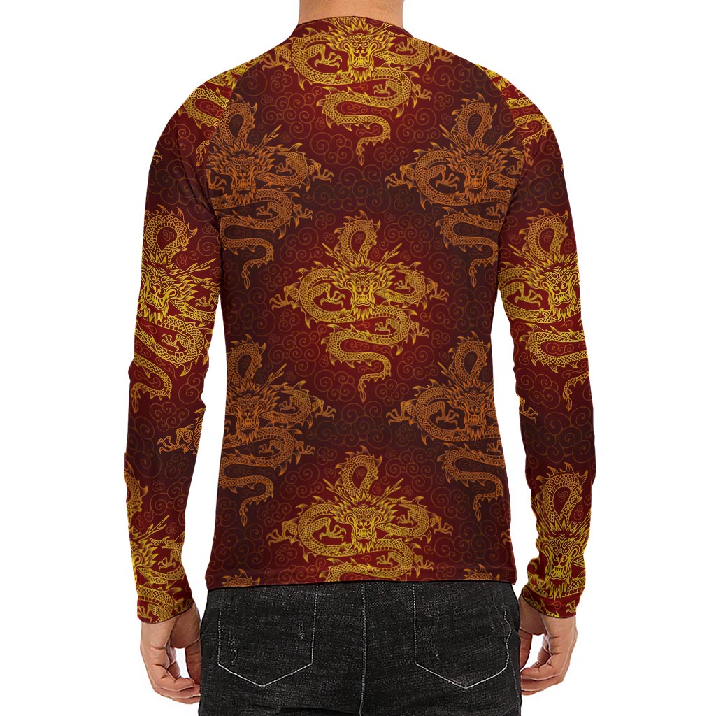 Gold Chinese Dragon Pattern Print Men's Long Sleeve Rash Guard