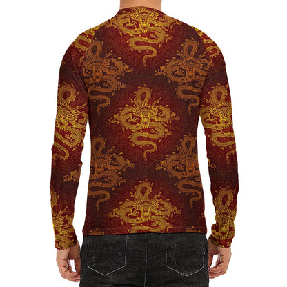 Gold Chinese Dragon Pattern Print Men's Long Sleeve Rash Guard