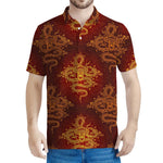 Gold Chinese Dragon Pattern Print Men's Polo Shirt