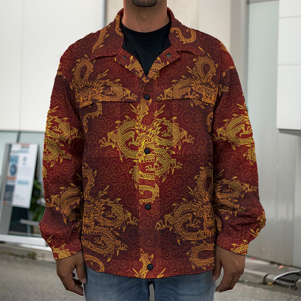 Gold Chinese Dragon Pattern Print Men's Shirt Jacket