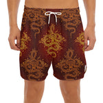 Gold Chinese Dragon Pattern Print Men's Split Running Shorts