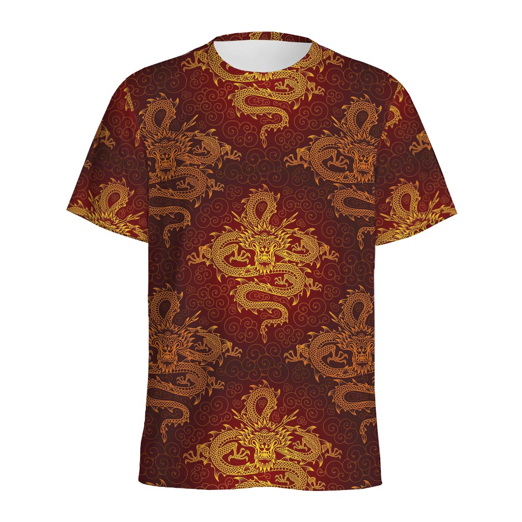 Gold Chinese Dragon Pattern Print Men's Sports T-Shirt