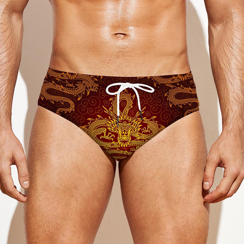 Gold Chinese Dragon Pattern Print Men's Swim Briefs