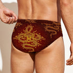 Gold Chinese Dragon Pattern Print Men's Swim Briefs