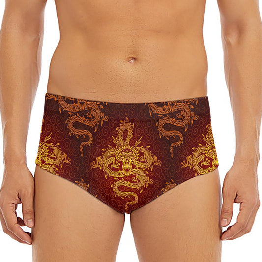 Gold Chinese Dragon Pattern Print Men's Triangle Swim Briefs