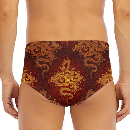 Gold Chinese Dragon Pattern Print Men's Triangle Swim Briefs